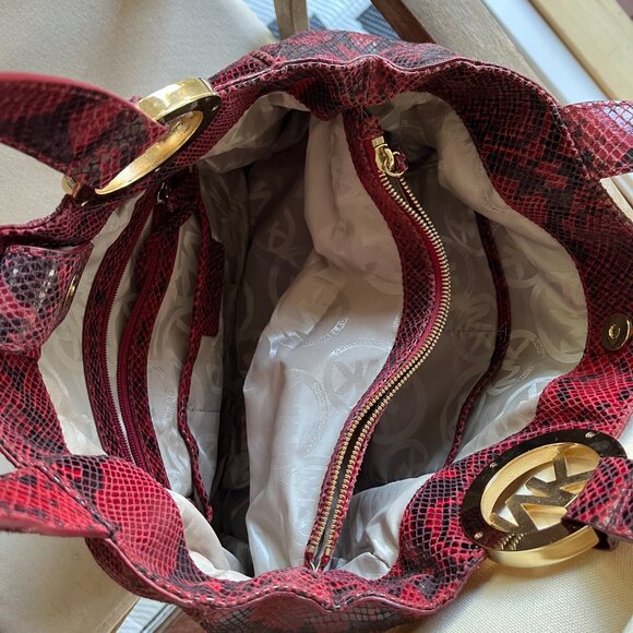 Michael Kors Folton Snakeskin Purse Red Large - Picture 5 of 9
